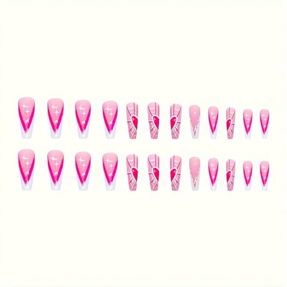 24 Pink Web Stars Glitter Nails Press On Style Kit Fake Glam Vacation Sexy - Picture 3 of 4